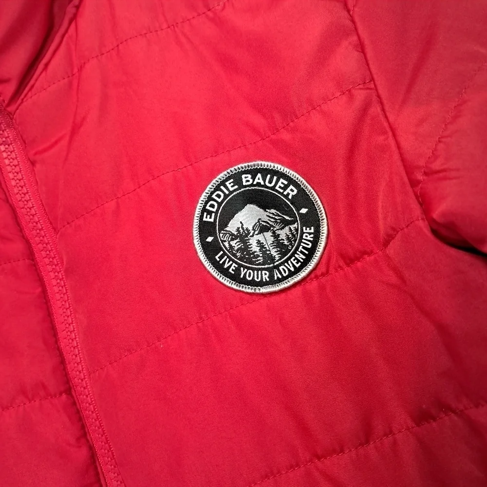 Eddie Bauer Puffer Jacket Kids Small 7/8 Red Full Zip, Retro Logo on Chest